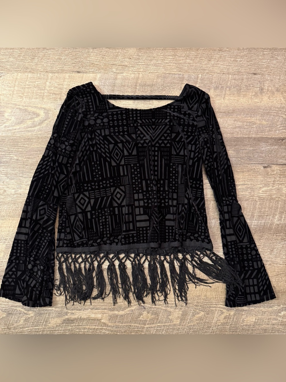 Monteau Black Fringe Long Sleeve Top